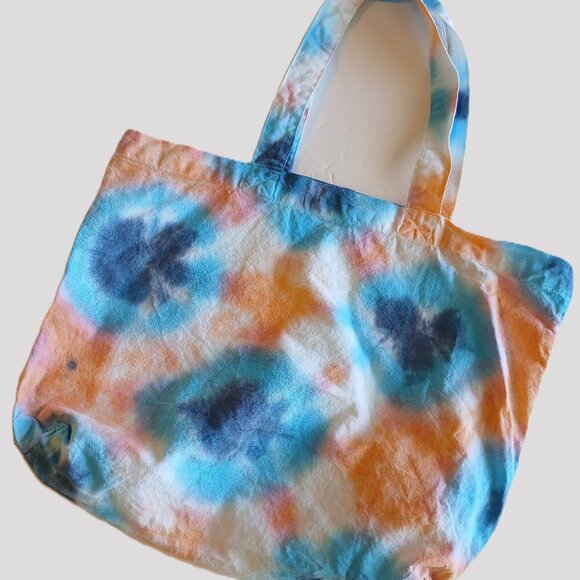 Tie Dye Tote Bag Cotton Reusable Grocery Bag With Blue Orange Pink Handmade - Picture 1 of 16